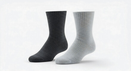 Studio shot of two ribbed crew socks, one charcoal gray and the other light gray, on a white background