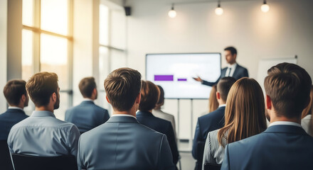 Attendees listen to a speaker presenting data on a screen during a business conference