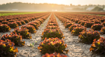 Rows of fresh red lettuce thrive in a sunlit agricultural field