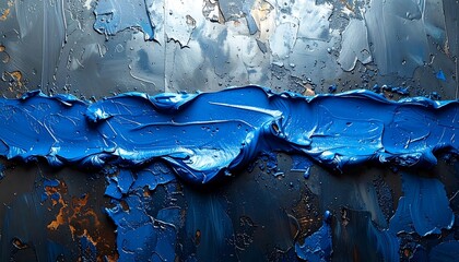 Abstract textured painting with vibrant blue strokes on a dark gray background