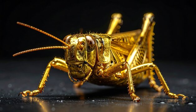 Golden grasshopper close-up on dark background