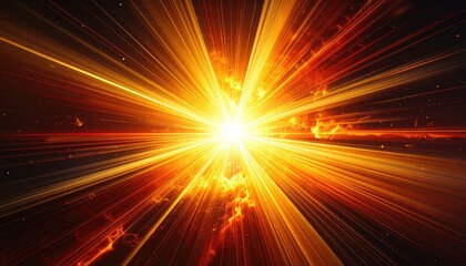 A vibrant, radiant burst of light emanating from a central point, surrounded by fiery clouds and streaking rays against a dark background