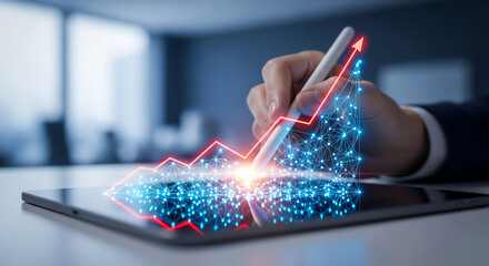 A businessman draws a rising graph, symbolizing business growth, on a tablet