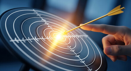 Close-up depicts a golden arrow hitting the bullseye on a target, symbolizing achieving goals, precision, and success. A hand reaches for the center