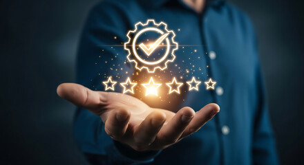 A hand displays glowing digital icons: a checkmark within a gear and five stars