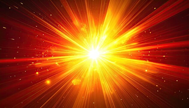 A vibrant, radiant burst of light explodes from a central point, radiating outwards with intense, fiery hues of yellow, orange, and red against a dark background speckled with tiny golden sparks
