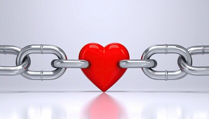 Obraz premium A vibrant red heart securely nestled within a gleaming silver chain, reflecting subtly on a light gray surface