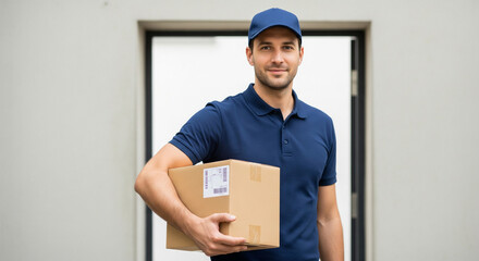 Delivery man holding a package smiling at the camera