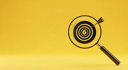 A magnifying glass highlights a target with an arrow hitting the bullseye on a vibrant yellow background