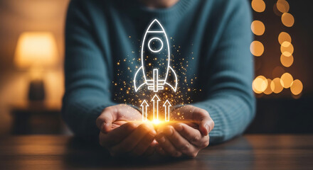 Digital rocket launch in cupped hands. Symbolizes business startup, growth, innovation and career advancement