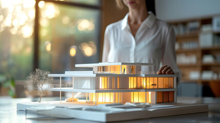 Female architect examining a detailed architectural model of a modern house, showcasing innovative design elements and warm lighting, emphasizing creativity and professionalism