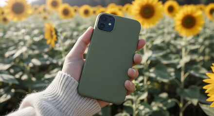 A hand holds a smartphone with a green case against a sunny sunflower field