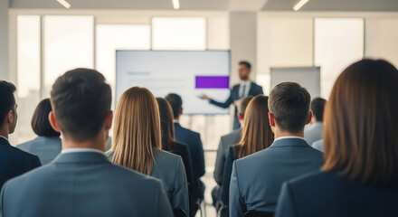 Business conference or training session with a male presenter and an audience