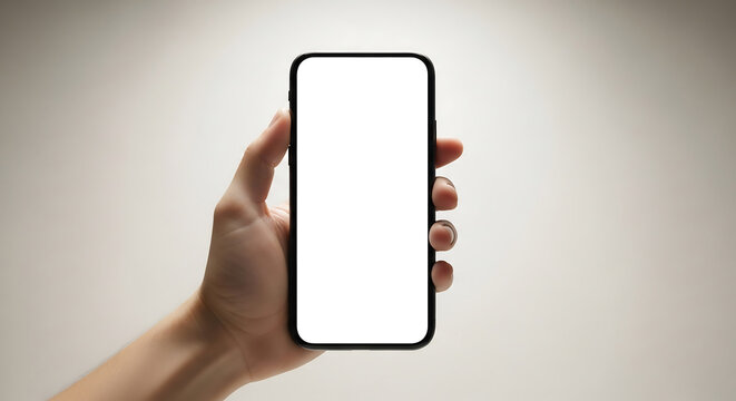 Hand holds a modern smartphone with a blank white screen, isolated against a neutral background
