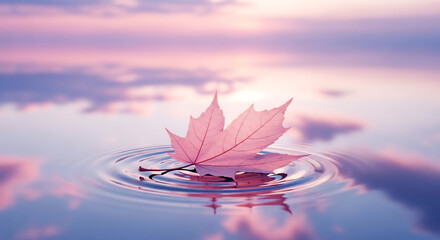 Beautiful pink maple leaf floating on water creates a tranquil scene. Soft focus landscape reflecting pastel colors evokes serenity and fall season
