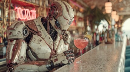 Futuristic Robot in a Bar Contemplating a Cocktail with Neon Sign Background