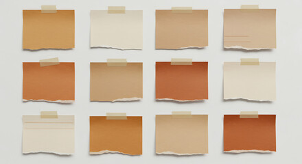 Twelve blank earth-toned paper notes pinned to a wall, styled with torn edges and adhesive tape