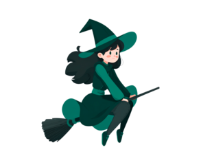 Young female witch in green costume flying on broomstick on transparent background