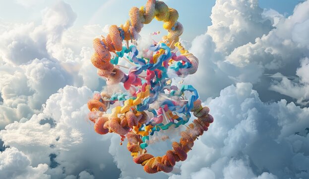 A vibrant, stylized DNA double helix floats amidst fluffy clouds under a bright sky, its colorful strands suggesting a sense of life and wonder