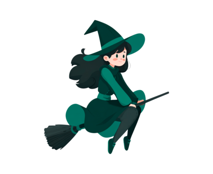 Young female witch in green costume flying on broomstick on transparent background