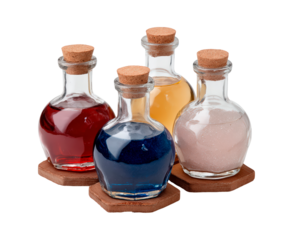Four glass potion bottles with cork stoppers on wooden coasters on transparent background