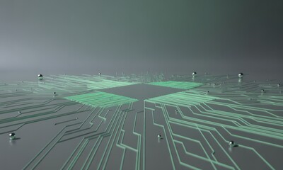 Abstract circuit board with glowing green pathways and metallic spheres