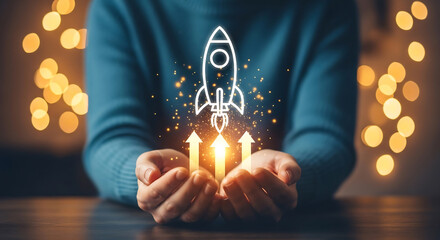 Conceptual image of a rocket launching from open hands, symbolizing business growth, new ideas, and success