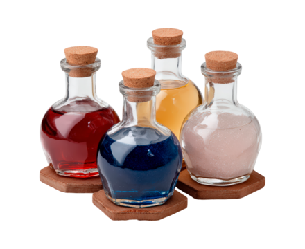 Four glass potion bottles with cork stoppers on wooden coasters on transparent background