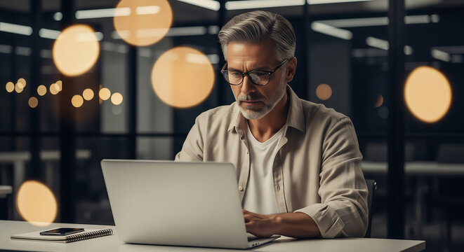 Focused mature businessman with grey hair and glasses works diligently on his laptop in a modern office