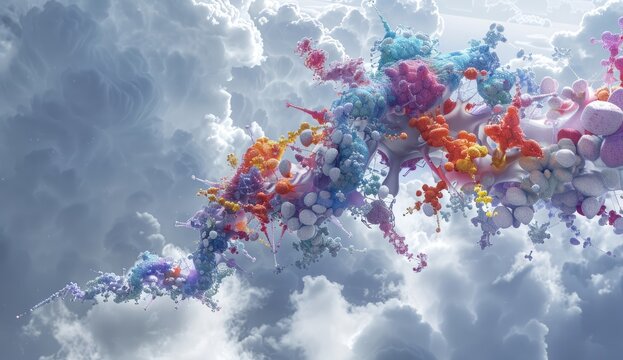 A vibrant, swirling stream of colorful paint splashes across a backdrop of dramatic, grey clouds, creating a dynamic and surreal juxtaposition of textures and hues