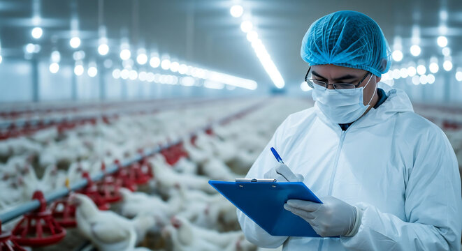 A poultry farm worker in protective clothing inspects and records data in a chicken coop