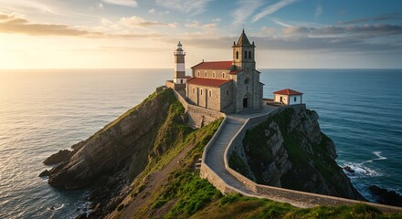 Scenic coastal structure with lighthouse and chapel at sunset golden light