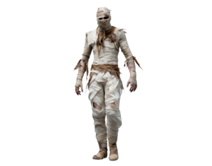 Mummy wrapped in bandages: classic horror character in tattered cloth on transparent background