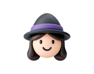 Cartoon witch emoji with black hat and purple band on transparent background