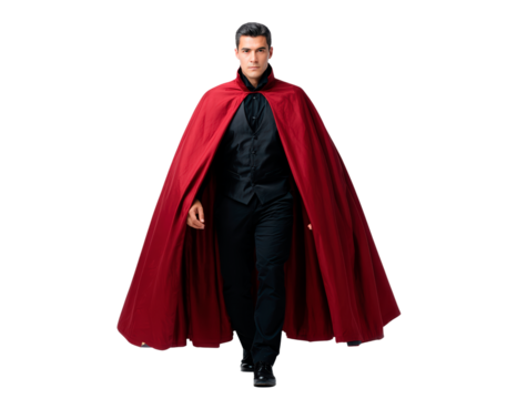 Mysterious male vampire in red cloak walking confidently on transparent background