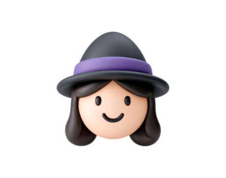 Cartoon witch emoji with black hat and purple band on transparent background