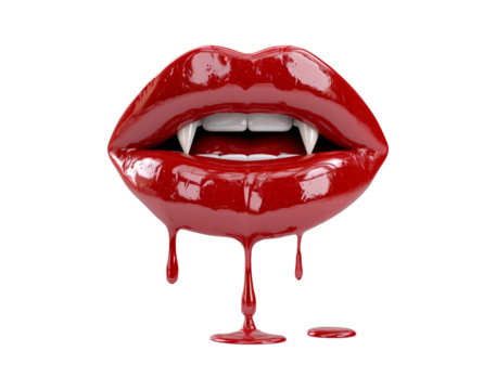 Red vampire lips with fangs and dripping blood on transparent background