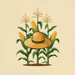 Straw hat resting on corn stalks with ripe ears of corn