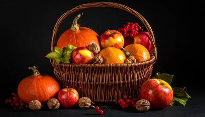 Autumnal basket of fruit and nuts