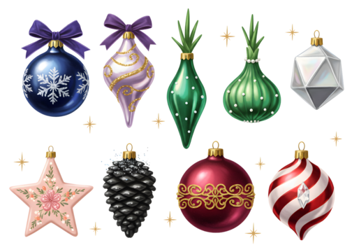 Set of Diverse Colorful Christmas Ornaments and Baubles Collection - Powered by Adobe