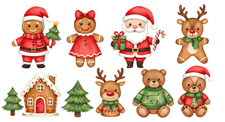 Watercolor Christmas Characters Set: Santa, Gingerbread, Reindeer, and Bears