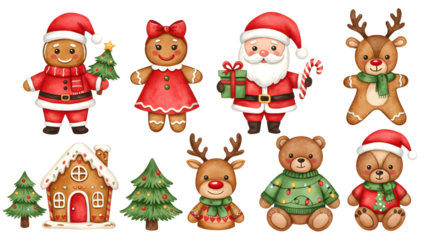 Watercolor Christmas Characters Set: Santa, Gingerbread, Reindeer, and Bears