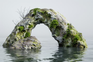 A weathered, moss-covered rock arch stands partially submerged in calm, misty water