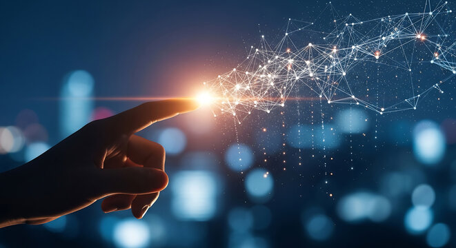 Hand touching a digital network connection point creates glowing dots and lines over a blurred cityscape
