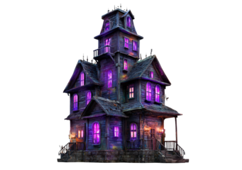 Gothic haunted mansion with eerie purple windows and wooden exterior on transparent background