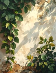 Sunlight through vines on weathered wall