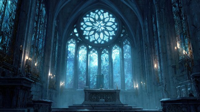 Elegant gothic interior with stained glass window and atmospheric lighting