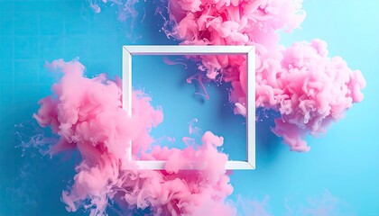 A white square frame is centered against a light blue background, surrounded by vibrant pink smoke-like clouds. The frame creates a focal point, contrasting with the pastel colors