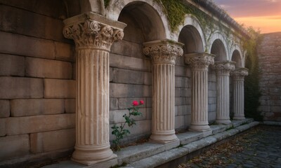 Fototapeta premium Ancient arches and pillars, a single rose