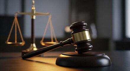 Gavel and scales of justice on a dark wood surface. Symbols of law, legal system, and court